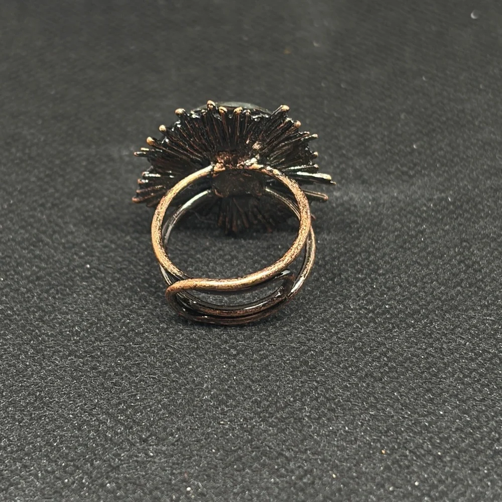 Large Genuine Labradite Sunburst Ring in Antique Brass Adjustable Band - Picture 5 of 10
